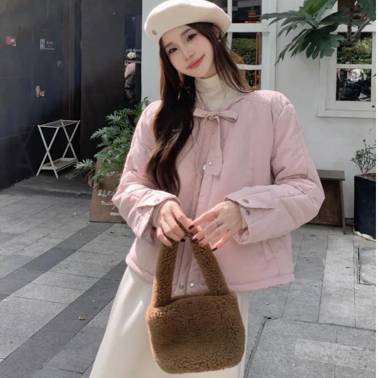 Women's Cotton Jaet Autumn Winter Korean Sle Chic Versatile Sweet Fre College Sle round Ne Dstring Top