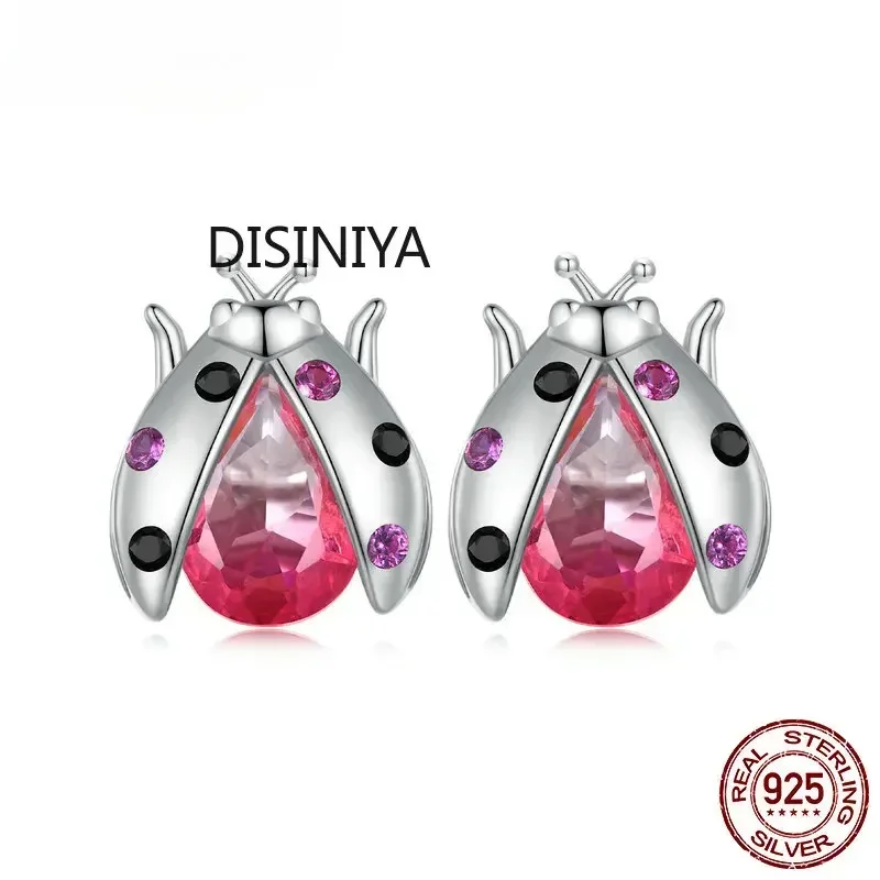 925 Sterling Silver Gradient Pink Ladybug Stud Earrings Insect Earrings for Women Party Platinum Plated Fine Jewelry