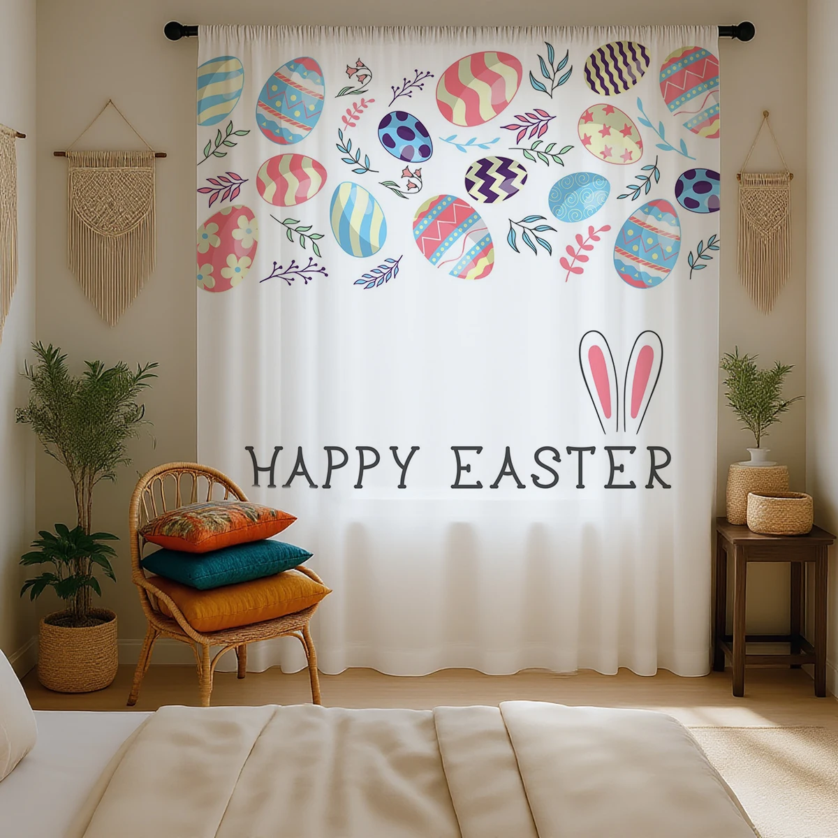 1 Pc Happy Easter Cute Egg Rabbit Sheer Curtain - Translucent, Light Reducing, Privacy Protection, Rod Pocket, for Living Room