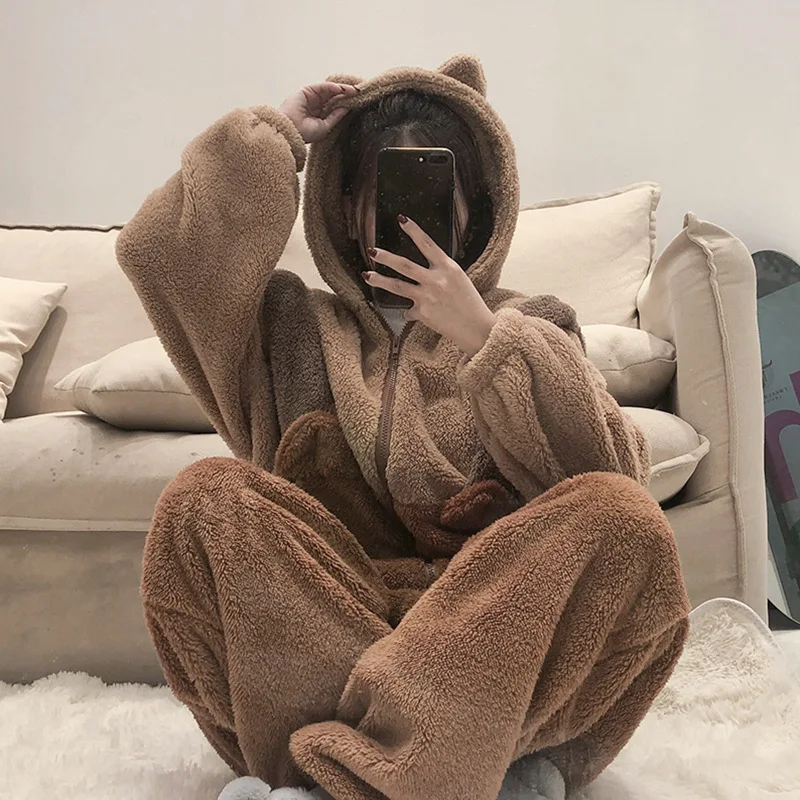 Autumn Winter Women Cute Onesies Pajamas Coral Fleece Warm Cartoon Bear Ears Hooded Sleepwear Girls Sweet Home Clothes Pyjamas