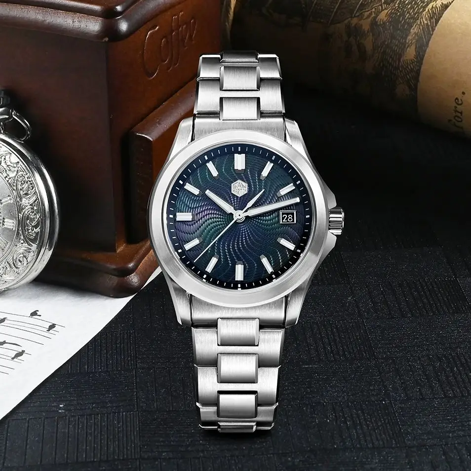 San Martin Men Automatic Watch Gada 39mm Mechanical Wristwatch 10ATM Waterproof Luminous Sapphire Miyota 9015 Guilloche MOP Dial