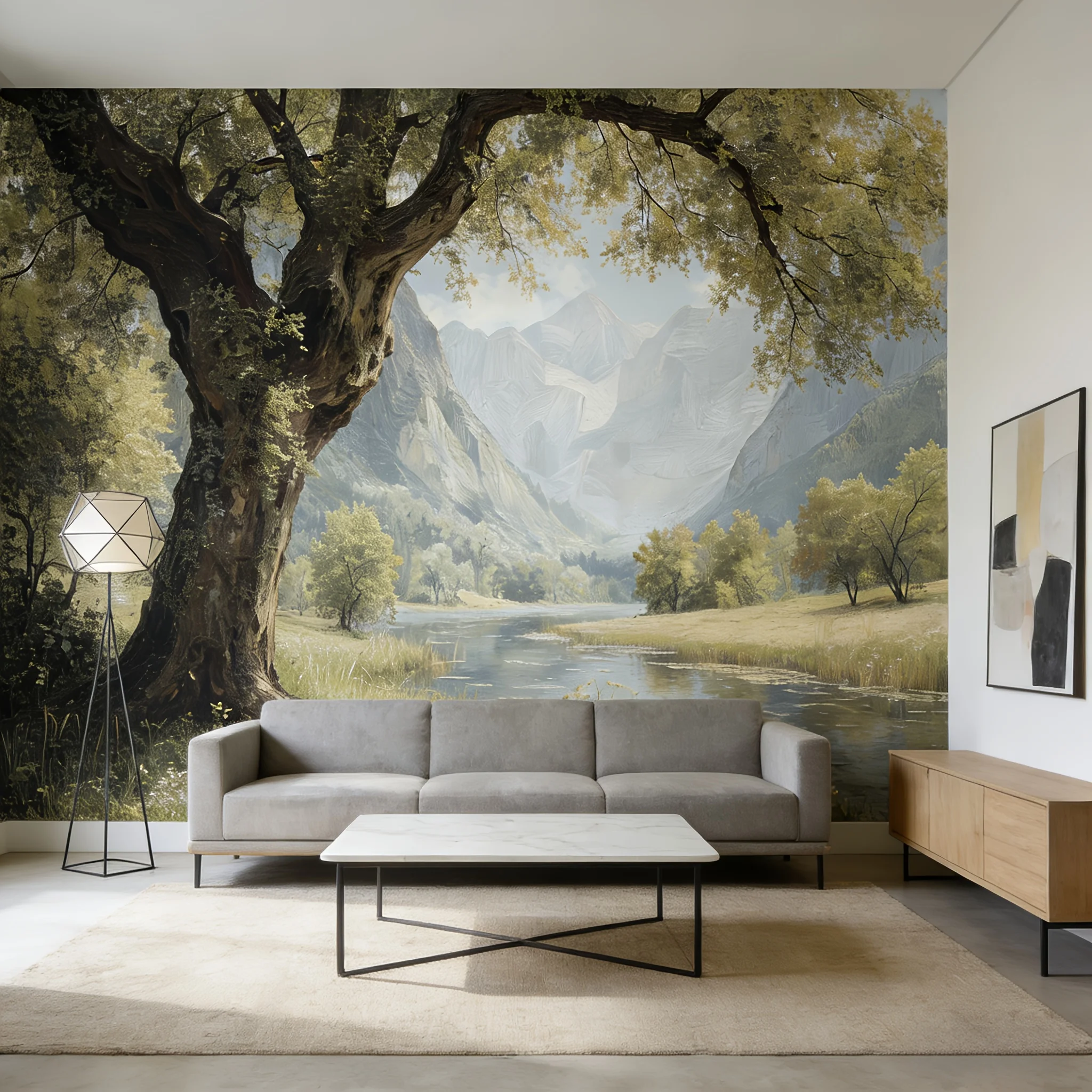 Large Scenic Mural Wallpaper - Majestic Forest View with River and Mountains for Living Room Decor