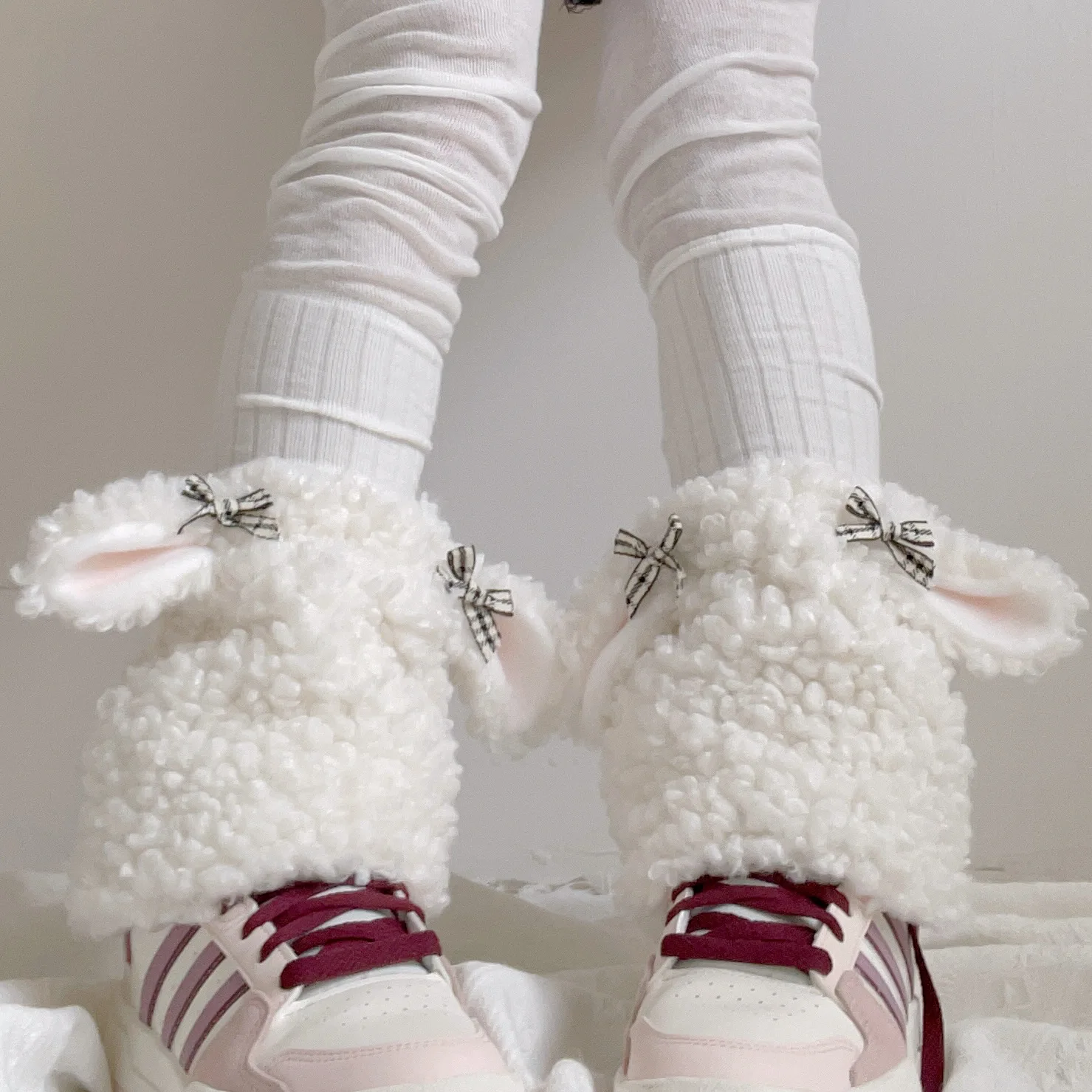 Cute Sheep Ears Hat Lamb\'s Wool Winter Ear Protection Hat Plush Boots Cover Socks Leg Warmers Performance Costume Bomber Hats