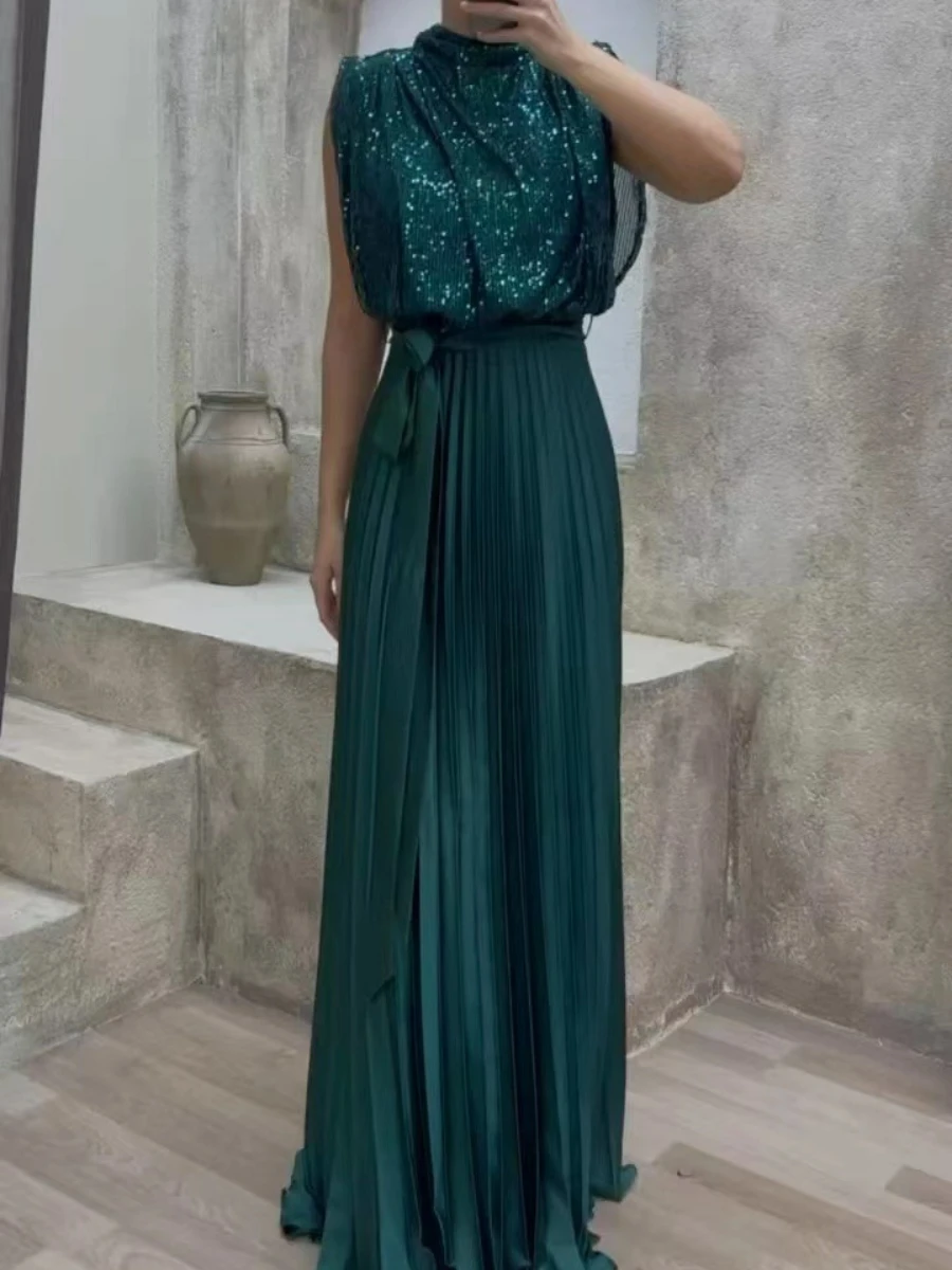 Mikydely New Elegant Sequin Pleated Lace-up Long Dress Solid Color Floor-length Evening Dress