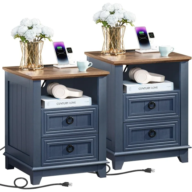 

18" Farmhouse Night Stands Set of 2 with Charging Station, 2 Drawers End Table Dresser for Bedroom, Blue Wooden Nightstand