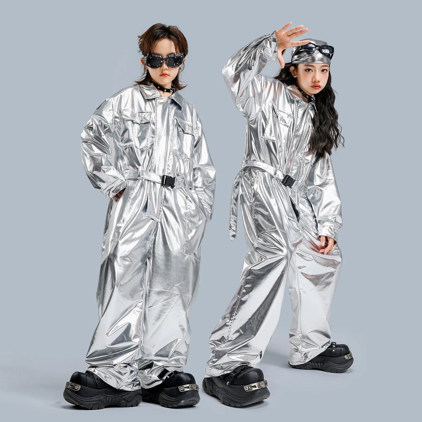 Children Boy Girl Loose Casual Hip Hop Silver Gold Leather Bodysuit Cargo Pant Kids Stage Fashion Show Jumpsuit Trousers Sets