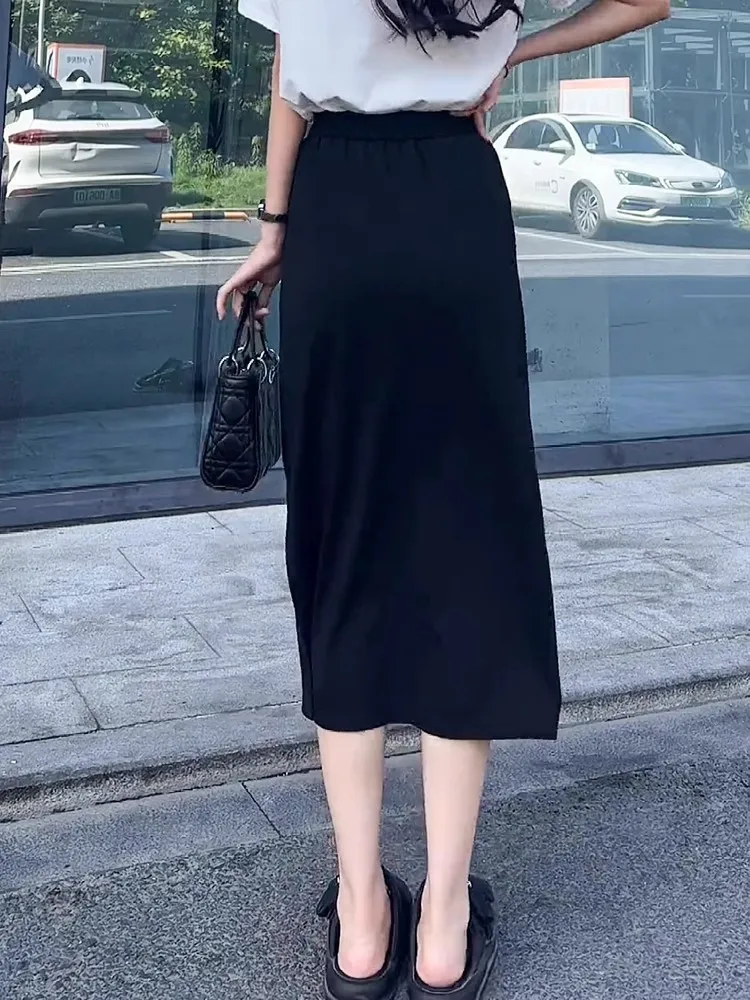 Black Suit Half Skirt Slimming Side Slit Women Summer New Small Size Ice Silk Casual Straight One Step Skirt High Waist H Type