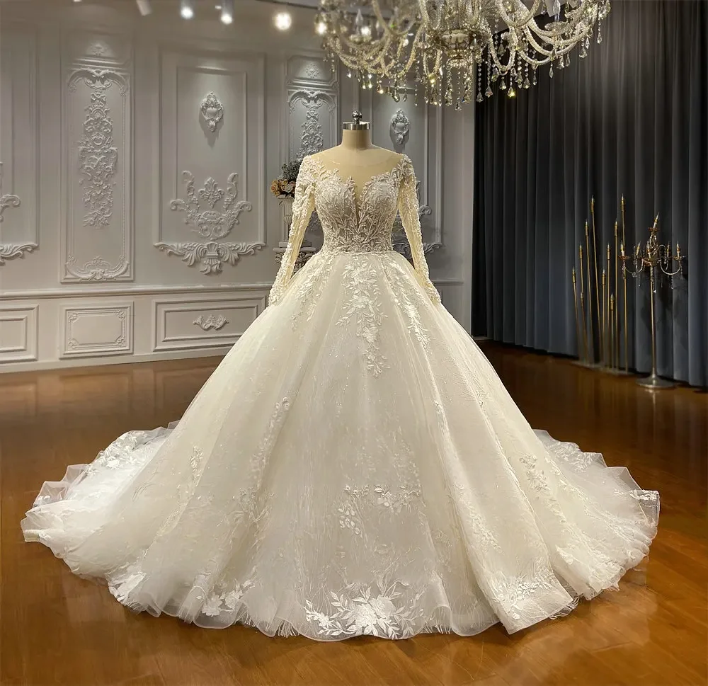 Customized Gorgeous Long Sleeves Wedding Dress for Women Sequins Appliques Bridal Gown High-Neck Bridal Dress Vestido De Novia