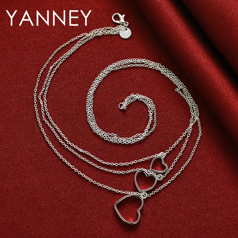 YANNEY 925 Sterling Silver 18 Inches Fine 3 Hearts Necklace For Women Fashion Charm Girlfriend Gift Jewelry Party