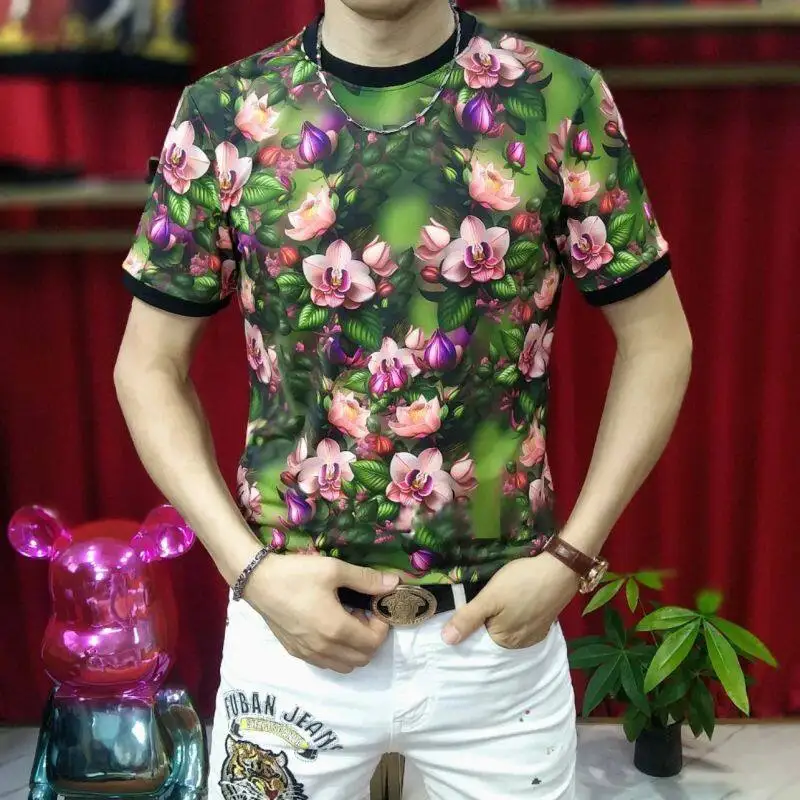 Trendy Brand 3D Floral T Shirt For Men Short Sleeve Slim Fit Icy Summer Quality Soft Comfortable Digital Print Elastic Camisetas