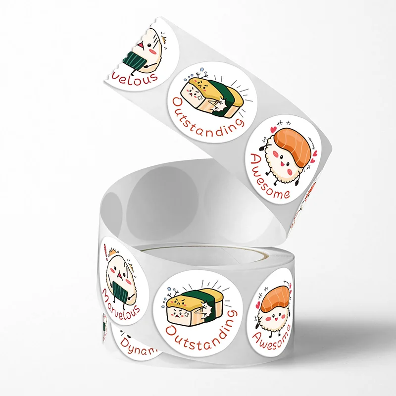 1Roll /500sheets Circular Cartoon Sushi Pattern Sticker Birthday Wedding Decor Sticker Baked Dessert Lunch Box Label Sticker