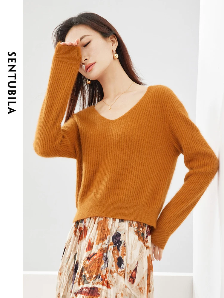 SENTUBILA Elegant Short Sweater Women Pullover Jersey 2024 Autumn Fashion V-neck Long Sleeve Knit Tops Female Knitwear W41E52863