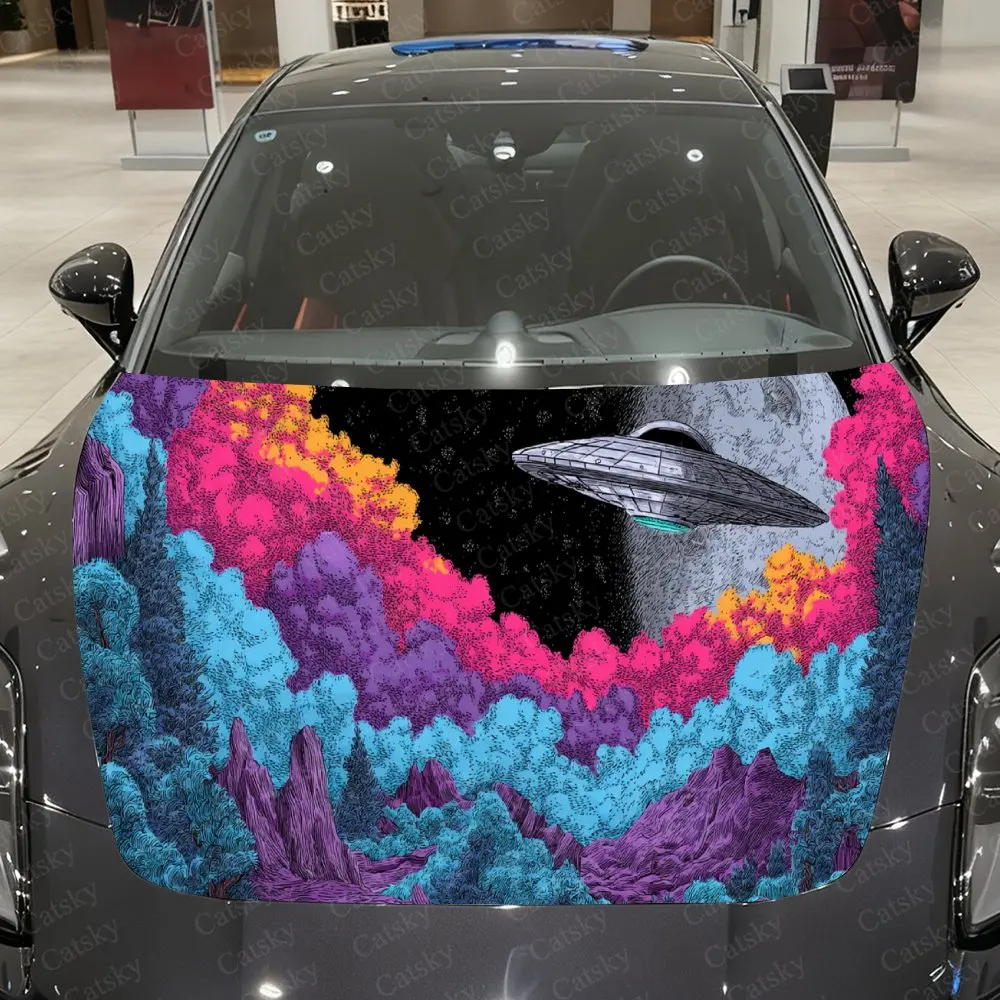 Neon Psychedelic UFO Dark Sci-Fi Pattern PVC Car Hood Wraps, Self-Adhesive Waterproof Car Bonnet Decal Sticker, Car Decoration P