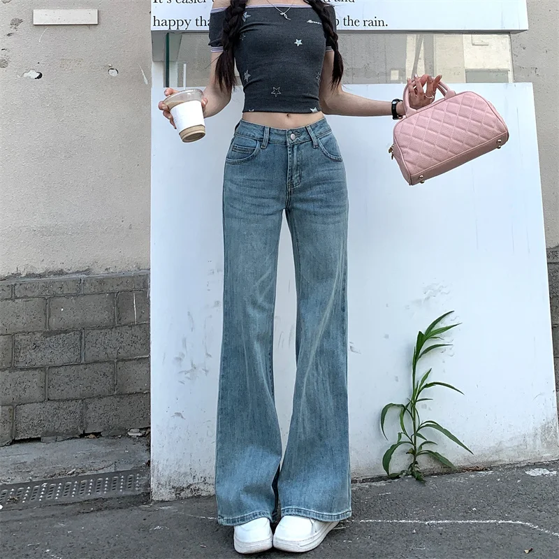 

2025 Women's Y2K Jeans Light Blue Flared Denim Pants Stretchy Slim Fit Floor-Length Trousers 2666