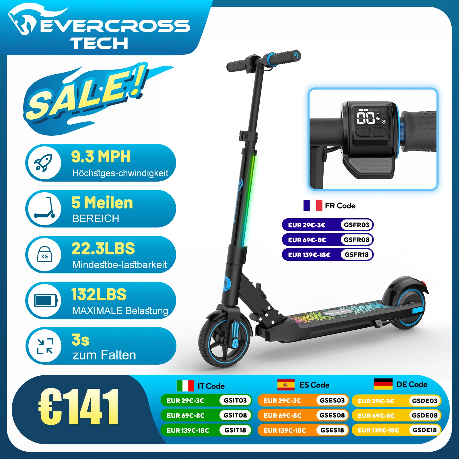 EVERCROSS TECH EV06C children's electric scooters, foldable, up to 15 KM/H, LED screen, colorful Lights