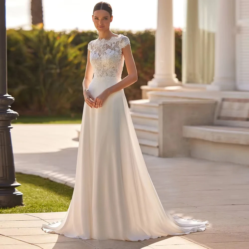 

Round-Neck Lace Flower Print Women Wedding Dresses Sexy A-Line Bride Gowns Mopping Length Princess Vestidos De Novias Customized