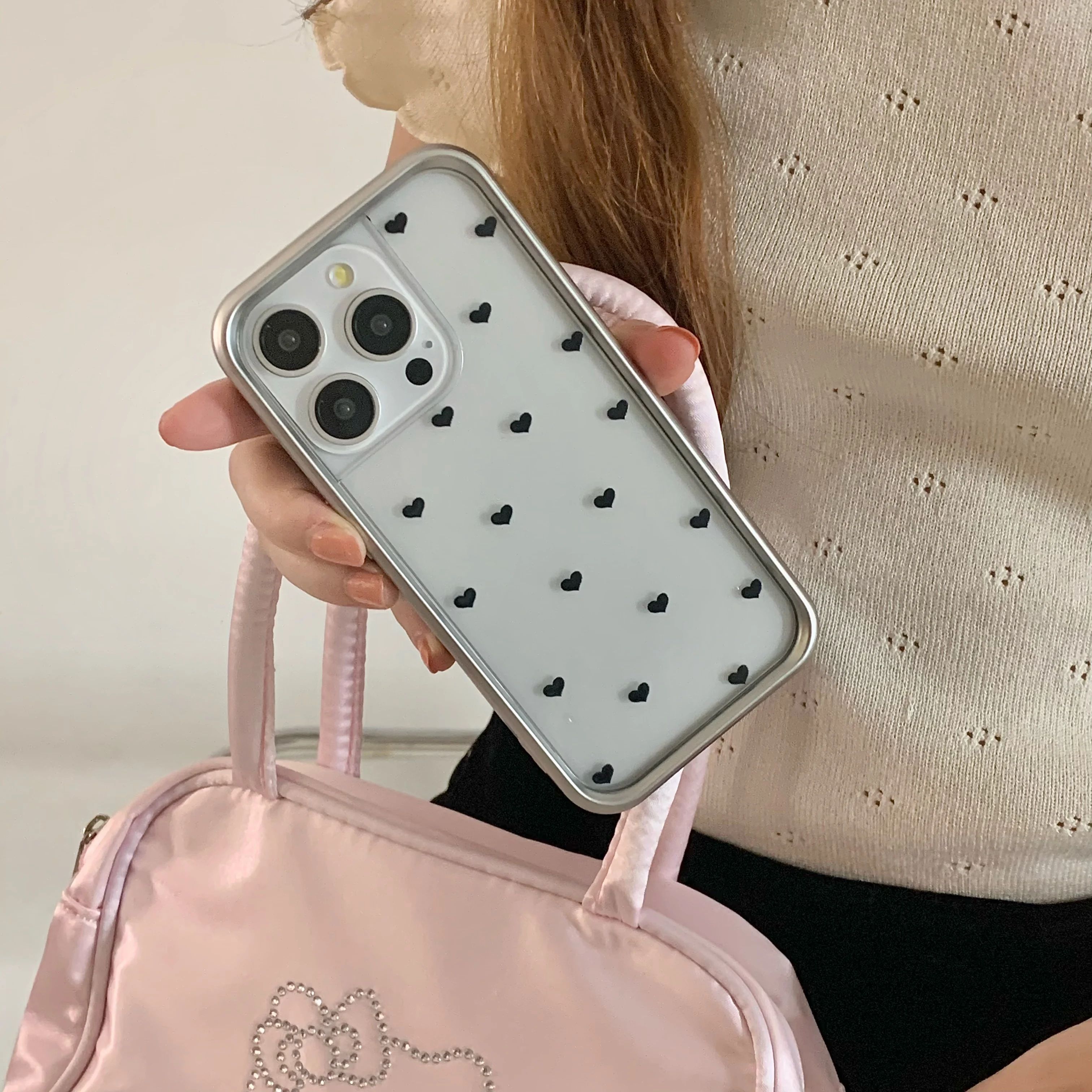 Korean Ins Full Screen Black Love Heart Transparent Electroplated Edge Phone Case for iPhone 15 14 13 Pro Max 12 Pro Back Cover image 6