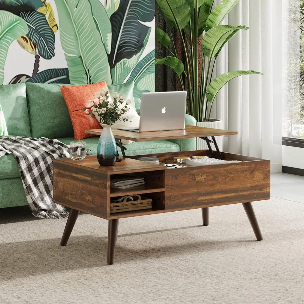 Table basse en bois avec compartiment GNE, plateau élévateur, étagère de rangement réglable, chêne rustique, maison, salon, bureau