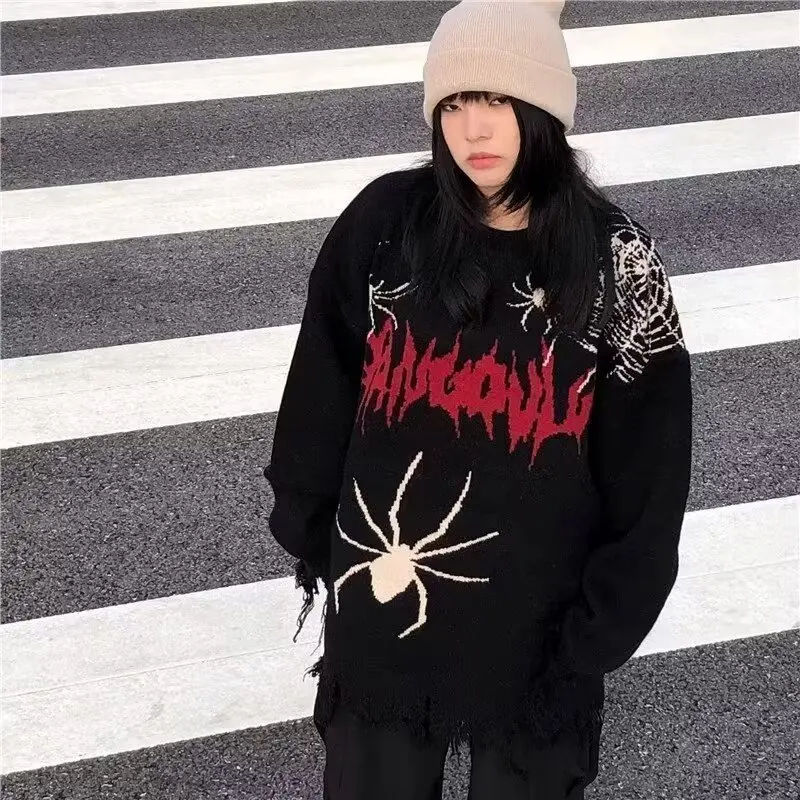 Spider Graffiti Black Sweater Men korean Autumn and Winter Warm Casual Loose Pullover Sweater Couple Fashion Popular Sweater Y2k