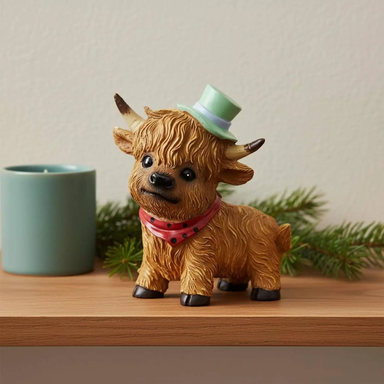 Resin Scottish Cow Figurine with Floral Wreath Cute Calf Statue Hand Painted Decor for Modern Living Room Gift