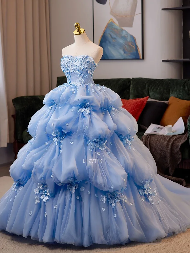 Vestidos de novia de lujo azules, sesión de fotos, vestido de baile para mujer, apliques sin tirantes, vestido de fiesta de cumpleaños, vestido elegante para ocasiones especiales