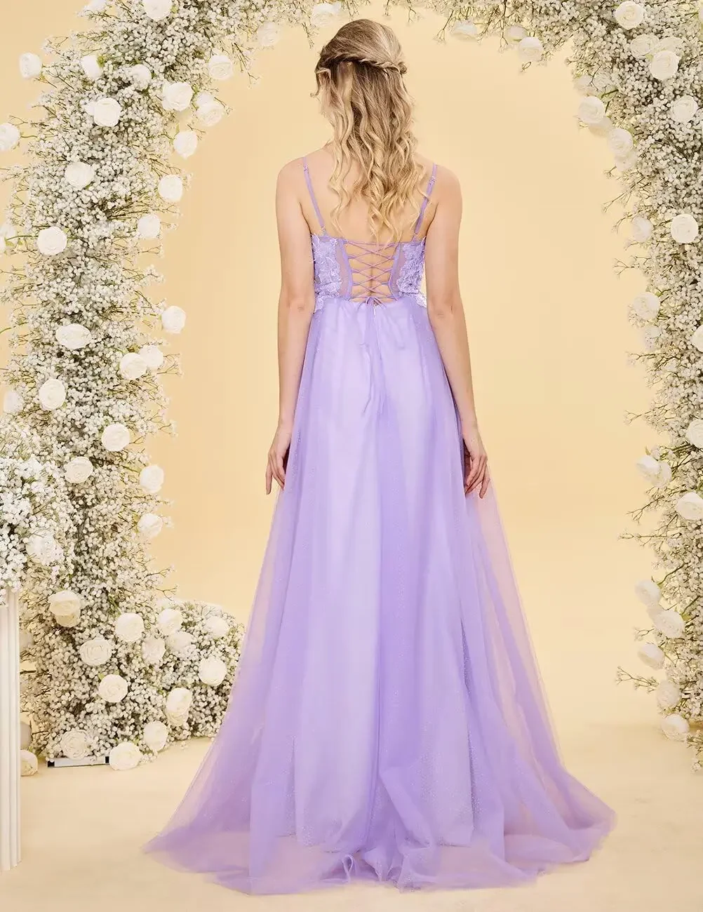 Langes A-Linien-Abendkleid mit tiefem V-Ausschnitt, Tüll-Abschlussballkleider für Damen, Spaghettiträger, lange Ballkleider mit Spitzenapplikationen