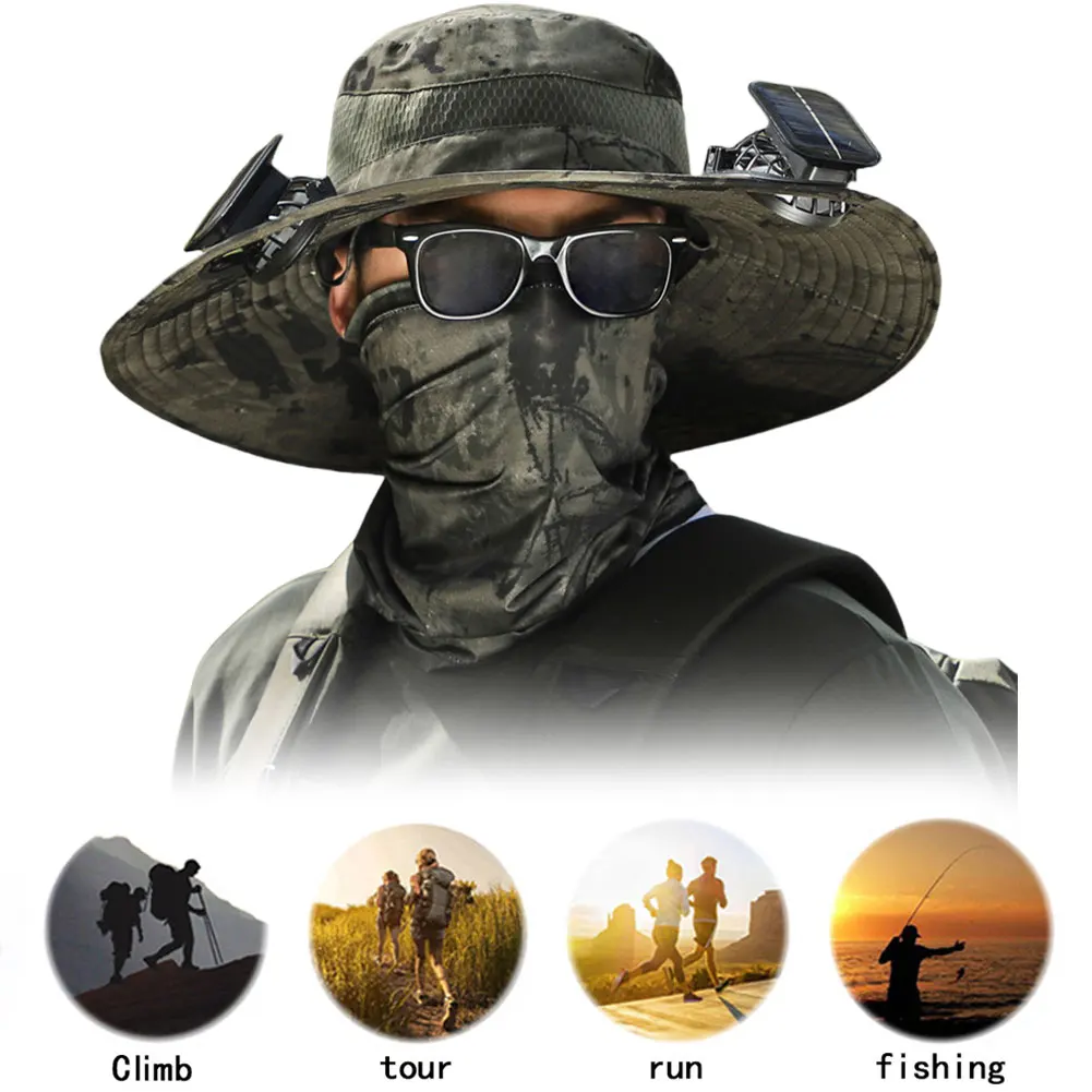 Chapéu de ventilador solar chapéu de sol com 2 ventiladores solares chapéu de pesca ao ar livre chapéu de balde de aba larga para homens acampamento ao ar livre pesca caminhadas