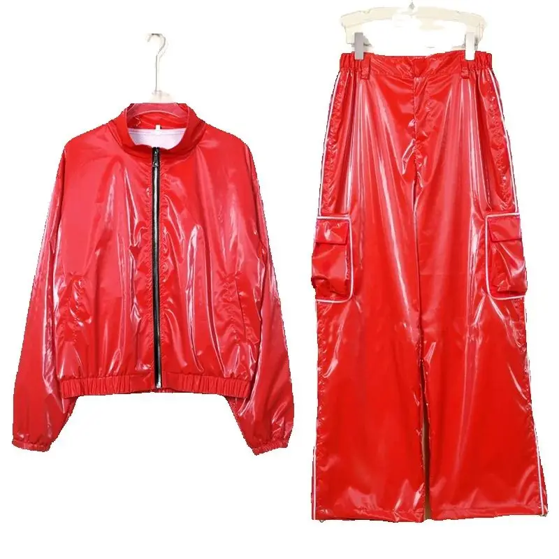 レッドレザージャズダンス衣装女性グループヒップホップ服子供ストリートウェアキッズステージ Kpop 衣装絶賛着用 XS9965