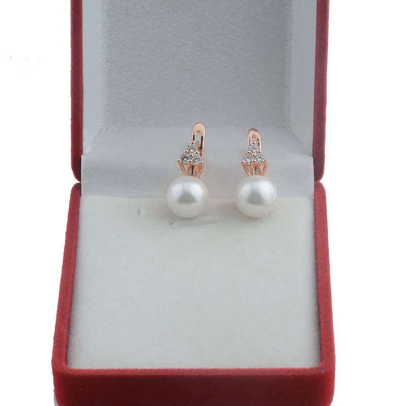 FJ Women 585 Rose Gold Color 10mm Simulated Pearl Crystal Drop Jewelry Earrings