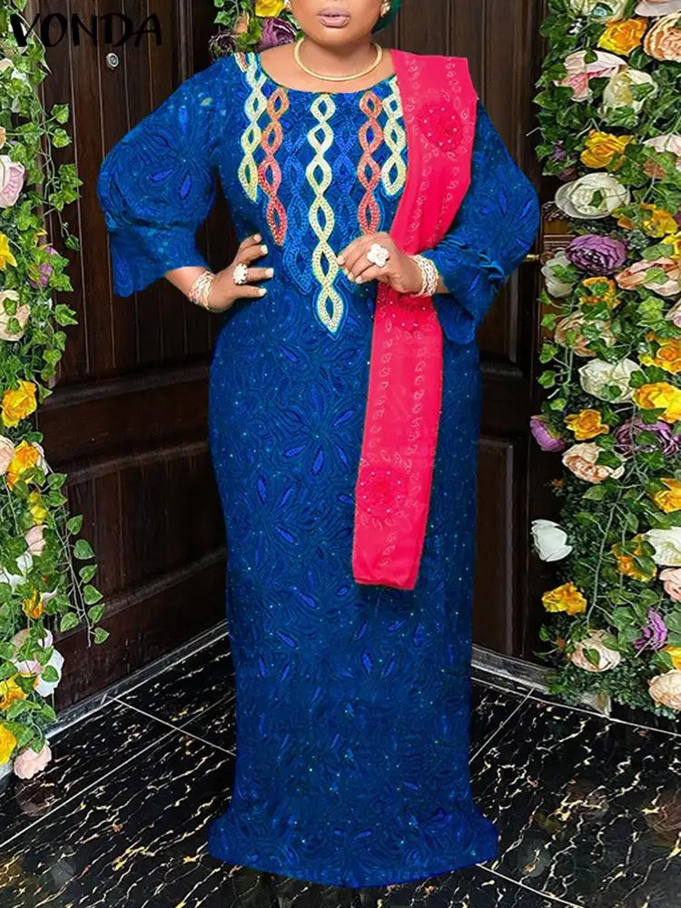 Plus Size 5xl Vonda Frauen gedruckt Maxi kleid Bohemian Sommerkleid Herbst O-Ausschnitt Ärmel lässig lose Party lange Robe übergroß