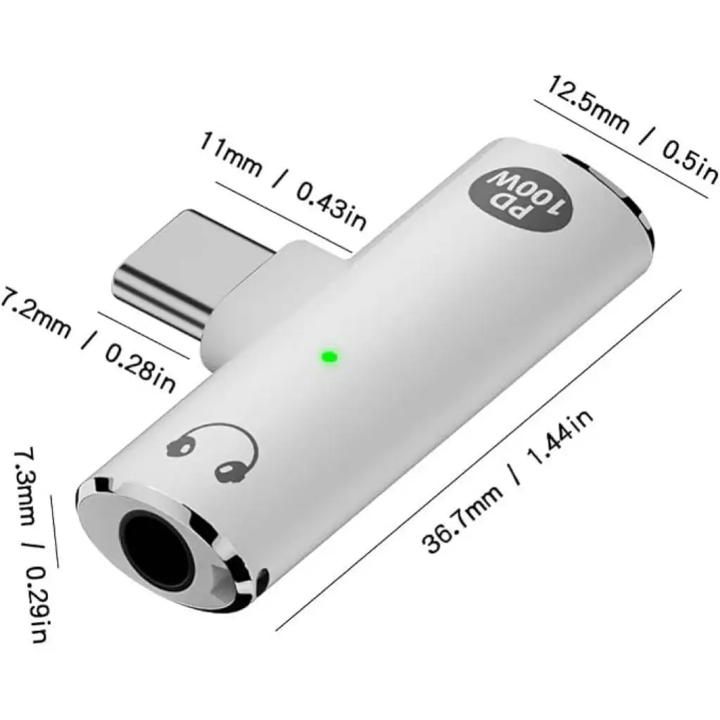 L‑Shaped Type‑C Male to 3.5mm Audio Jack Adapter, PD 100W Charging & Audio 2‑in‑1 Converter With Indicator Light and Lanyard