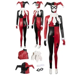 Quinzel Cosplay Women Fantasy Harley Hat Jumpsuit Super Villain Costume Adult Female Disguise Outfits Halloween Carnival Suit