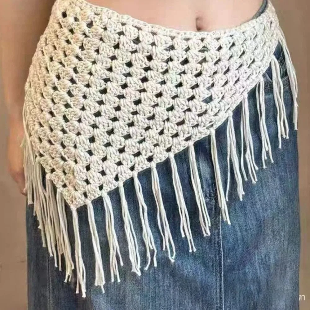 New Adjustable Hollow-Out Mini Skirt Fringe Trim Y2K Streetwear Triangle Scarf Hand-knitting Fashion Bandana Travel Accessory