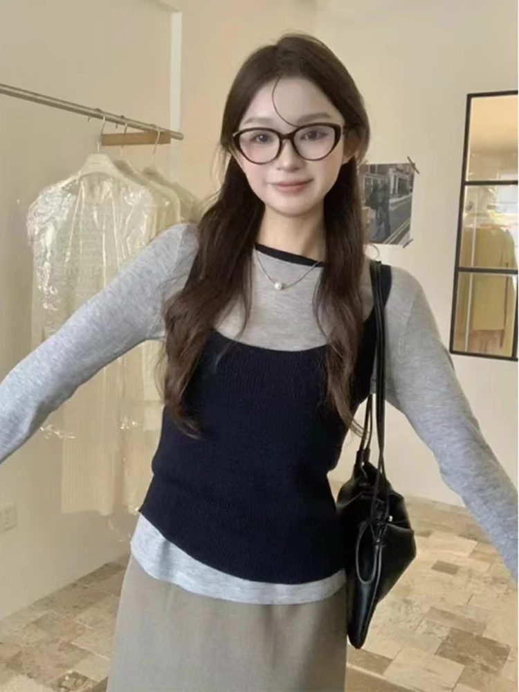 

Korean Sle Color Blo Knitted Crop Top And Vest Set Women's Faion Early Spring New Arrival Two Piece Overlap Clothing Set