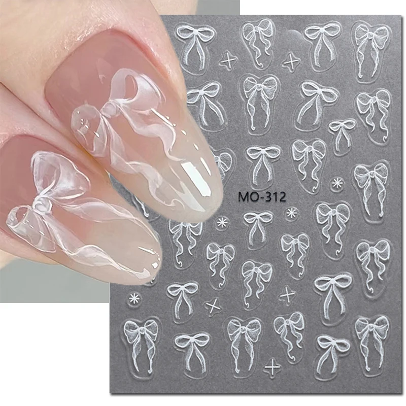 5D Embossed Nail Art Decals Semi-Transparent White Bowknots Adhesive Sliders Nails Stickers Decorations For Manicure