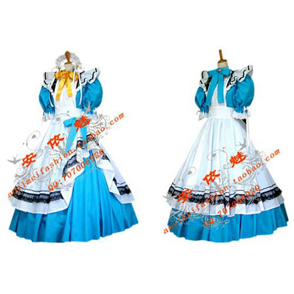 fondcosplay adult sexy cross dressing sissy maid long blue cotton Dress Lockable Uniform white arpon Costume CD/TV[CK853]