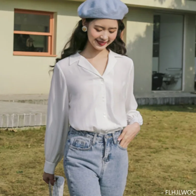 بلوزة بأزرار ورقبة على شكل حرف V ، قمصان بيضاء رسمية ، تصميم لطيف ، على الطراز الياباني والكوري ، سيدة المكتب ، أنيقة ، الخريف ،