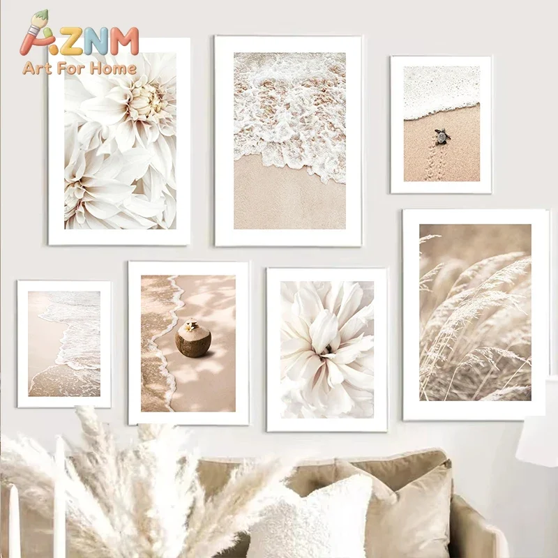 AZNM Neutral Beige Beach Canvas Wall Art Ocean Wave Turtle Dahlia Flower Reed Love Quote Boho Coastal Style Living Room Unframed