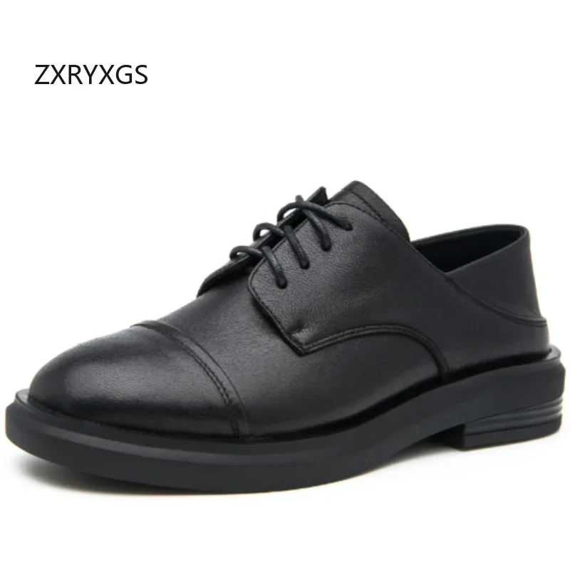 

ZXRYXGS Top Layer Cowhide Loafers Shoes Women's Flats 2025 British Spring New Shoes Flat Lace Up Black Real Leather Shoes Tide