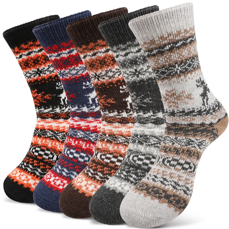 5 คู่ Nordic Snowflake Reindeer คริสต์มาสถุงเท้าผู้ชาย Retro ถักความร้อนถุงเท้าลูกเรือฤดูหนาว WARM Plush ถุงเท้าของขวัญความแปลกใหม่ร้านขายชุดชั้นใน