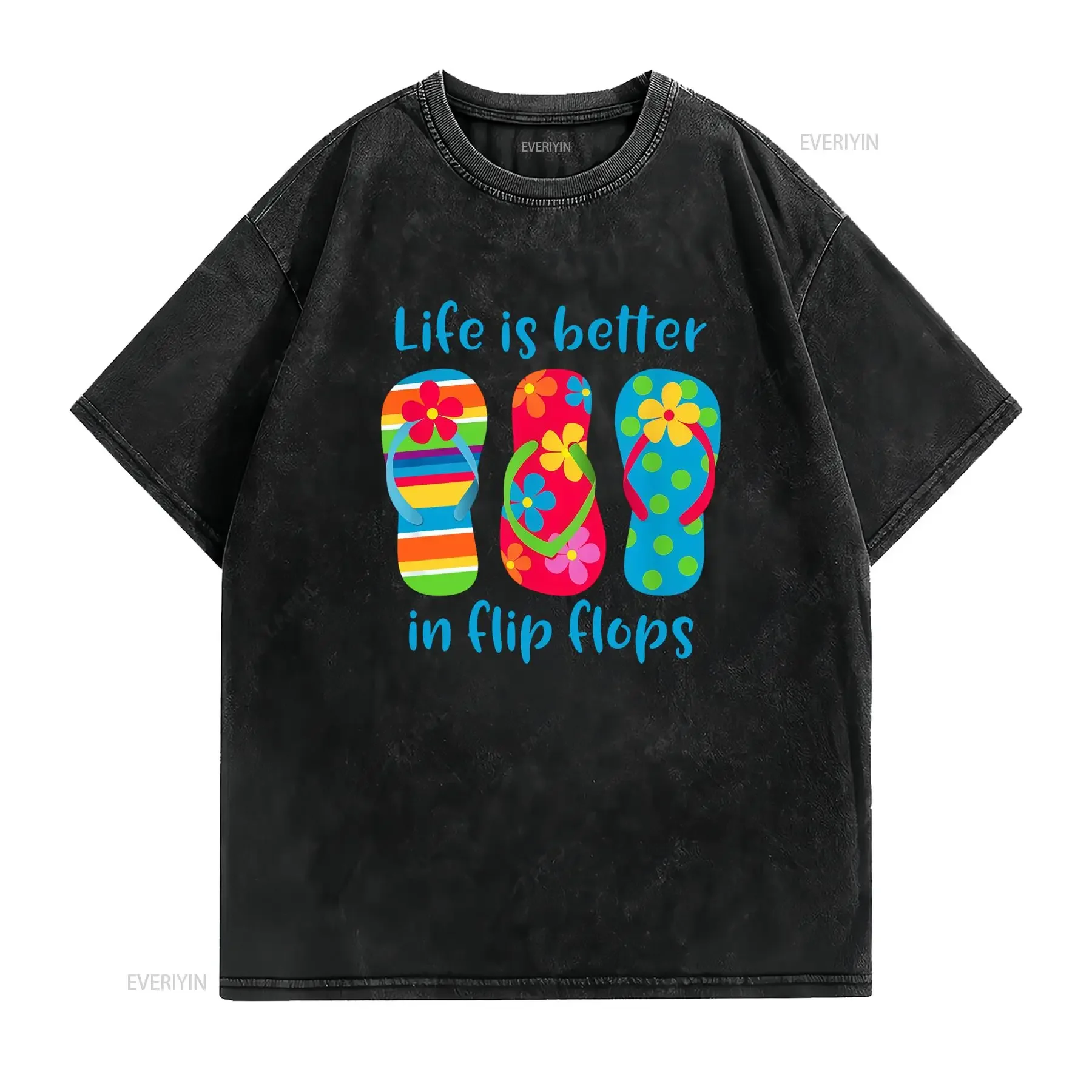 Funny Cartoon Summer Beach Flip Flops Life Is Better Slogan Print Casual T Shirt vintage Washed Top For Everyday Wear