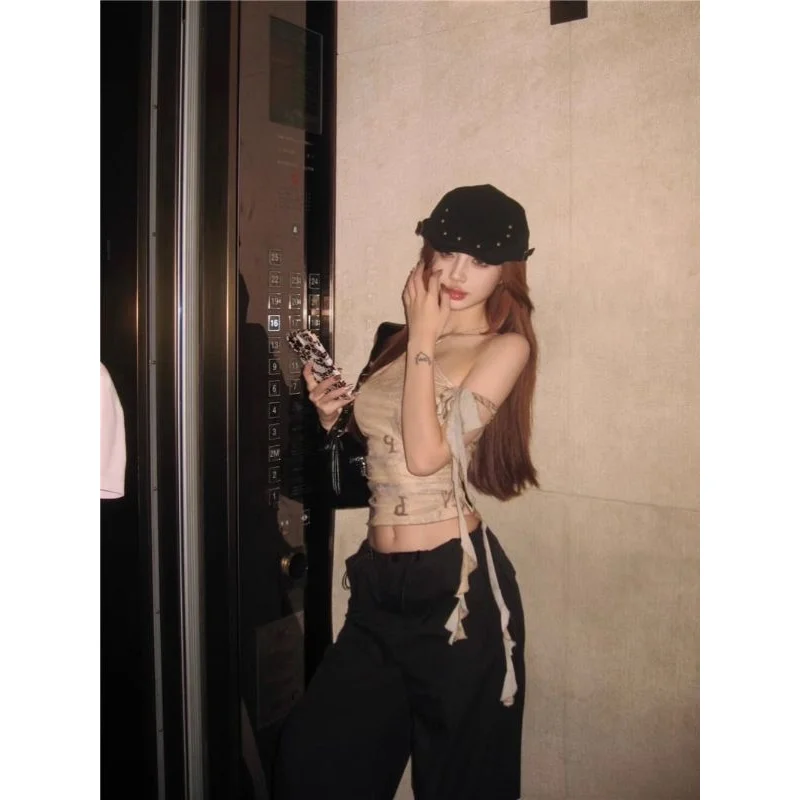 Amerikaanse Sle fiti Print ter Top Dames Zomer Trendy Buik Baring Internet Beroemde Innerlijke Slijtage Katoen A-lijn Smalle Str...