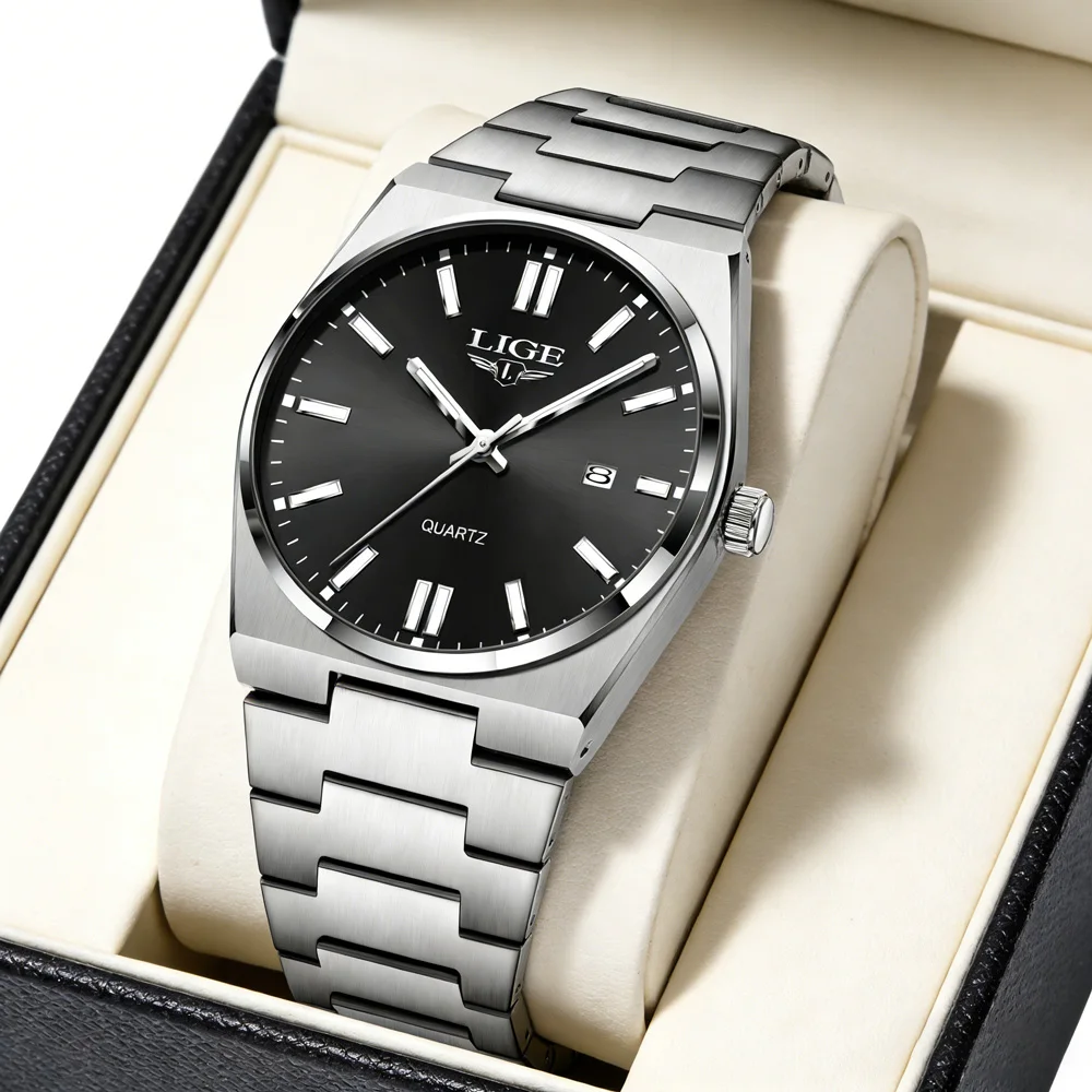 

Мужские часы LIGE, оригинальные кварцевые часы для мужчин, водонепроницаемые, светящиеся, с датой, стальные, спортивные, модные, Reloj Hombre + коробка