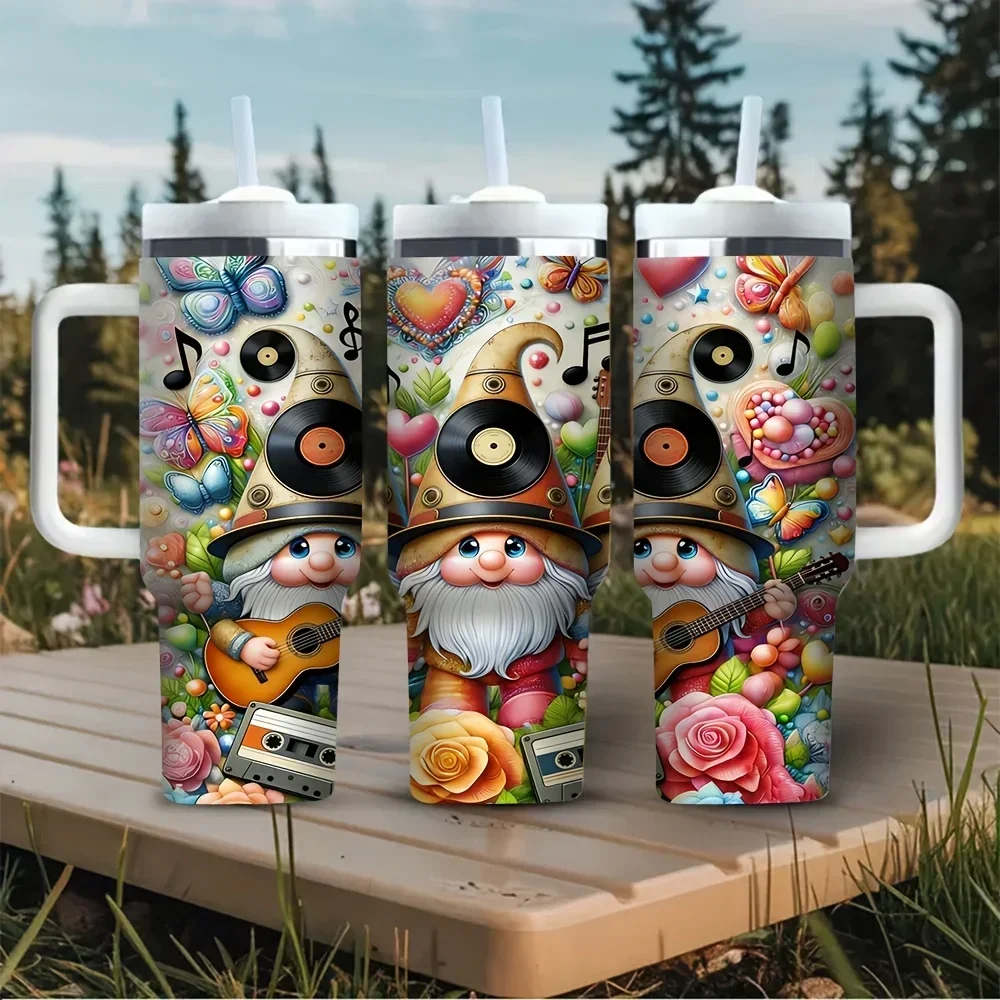 40oz Tumbler with Handle, Cute Music Gnome Pattern with Colorful Flowers And Butterflies, Perfect for Music Enthusiasts, Suitable for All Seasons, Ideal for Outdoor Trips And Daily Use, Fits Both Hot And Cold Drinks