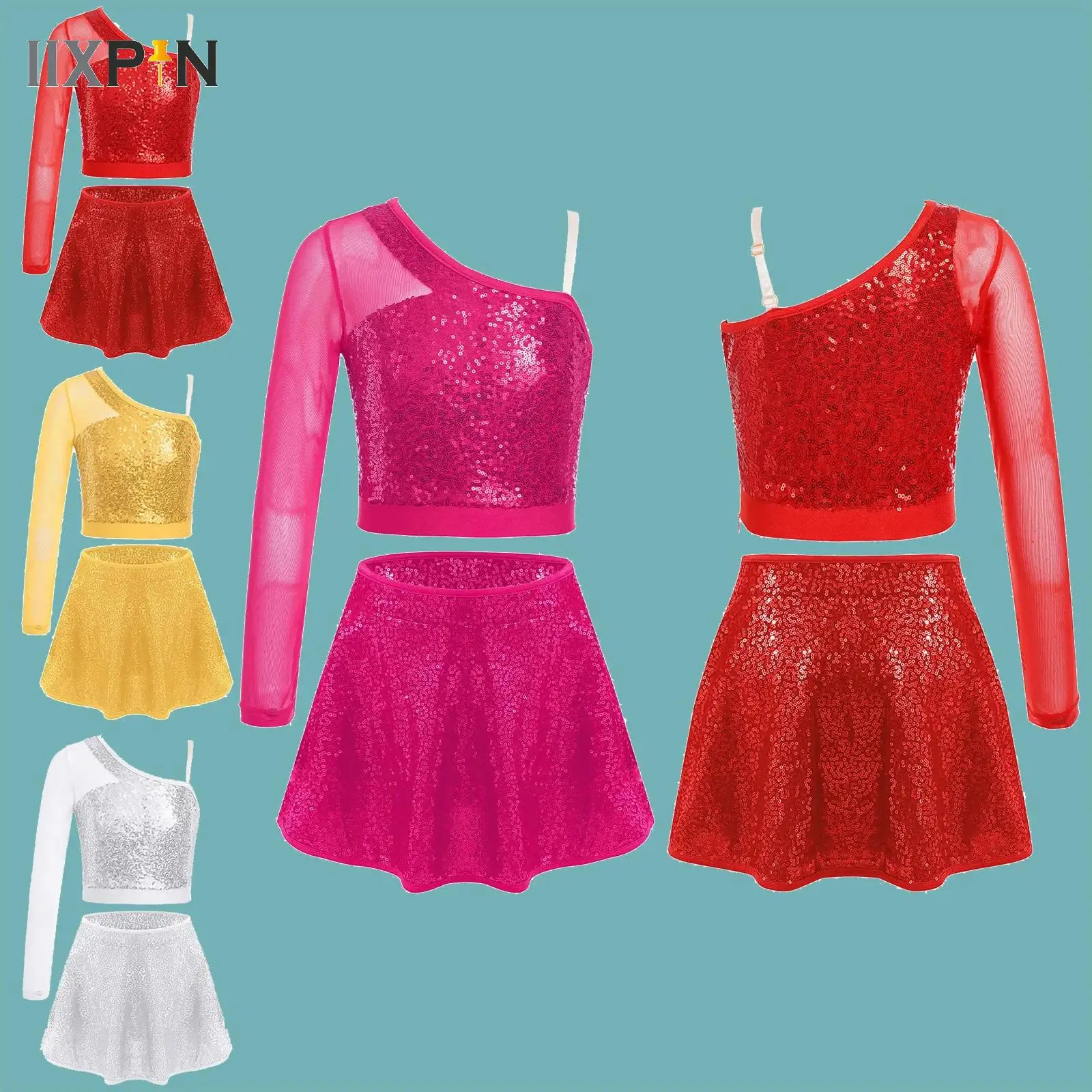 

Kids Girls Jazz Dance Outfit Two Pieces Shiny Sequins Dancewear Sets One Shoulder Crop Top with Skirt Childs Party Costumes