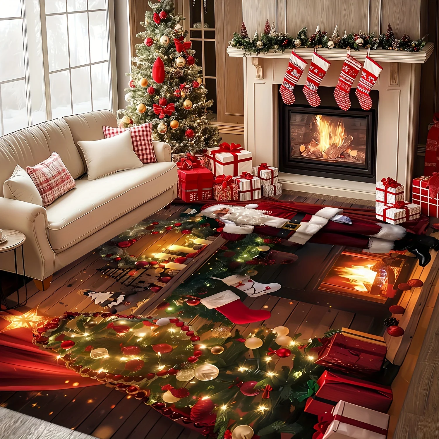 Novelty Holiday Santa Area Rug 3D Fireplace Tree Gift Pattern Large Carpet for Residential Interior Decor