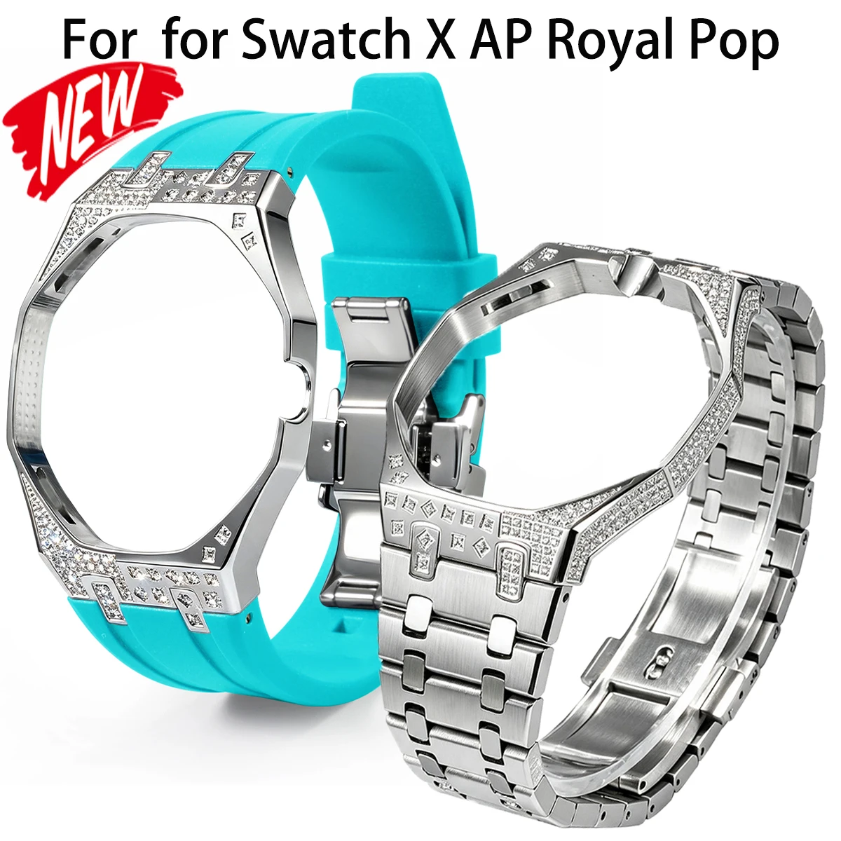 Diamond Luxury Mod Kit for Swatch X AP Royal Pop Pocket Watch Changer To Wristwatch Shiny Case + Stainless Steel/Silicone Band