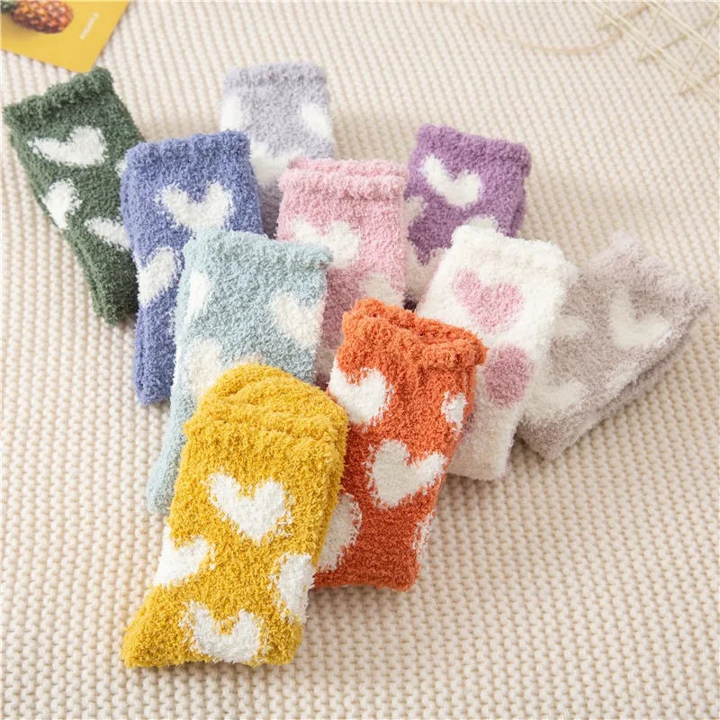 Winter Warm Kawaii Love Heart Fluffy Coral Fleece Socks for Women Soft Coral Velvet Sock Indoor Floor Casual Slippers Sox