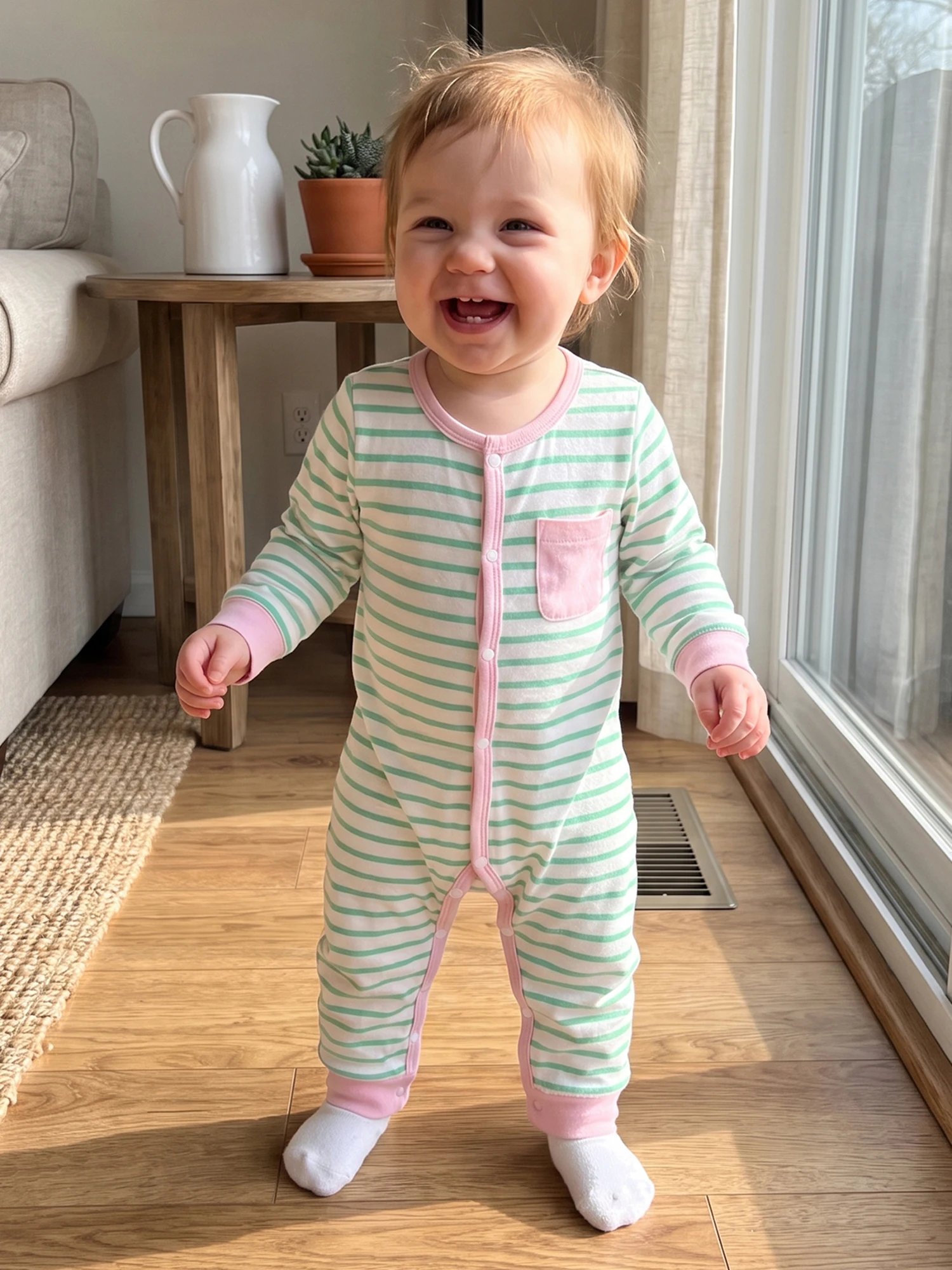 Fall-Romper-Stripe Baby-Girl-Fall Long Neck-Long-Sleeve Romper Baby Girl Stripe-Contrast-Color Crew Neck High Quality