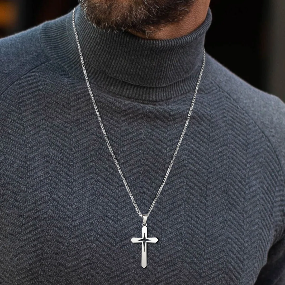 Vnox Stainless Steel Hollow Star Cross Pendant Necklace Hypoallergenic Cool Cross Charm Necklaces for Women Men Delicate Jewelry